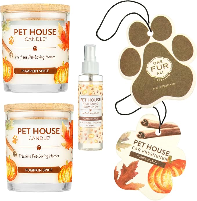 Pet House Value Pack, Plant-Based Scented Soy Candles, Room Spray and Car Air Freshener, Cat and Dog Friendly, Pet Odor Candles for Home, Pumpkin Spice