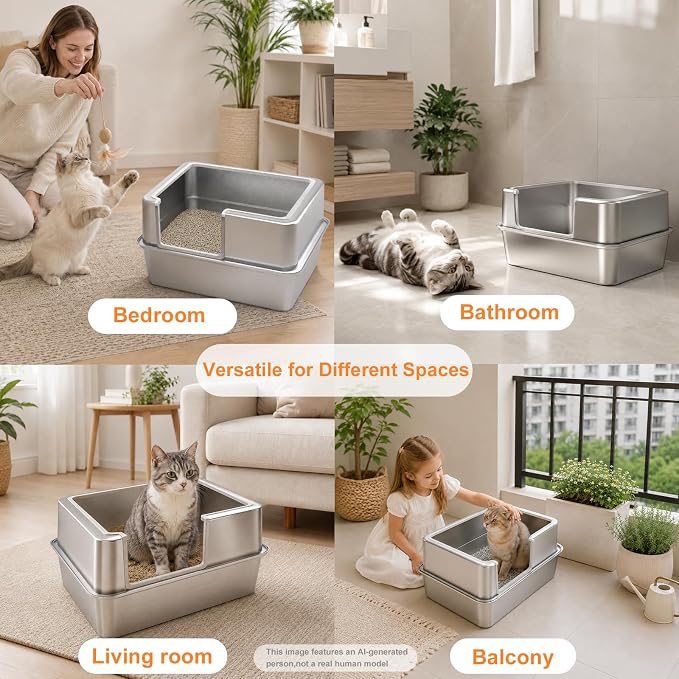 Stainless Steel Cat Litter Box with Metal Lid,Anti-Urine Leakage,High Side