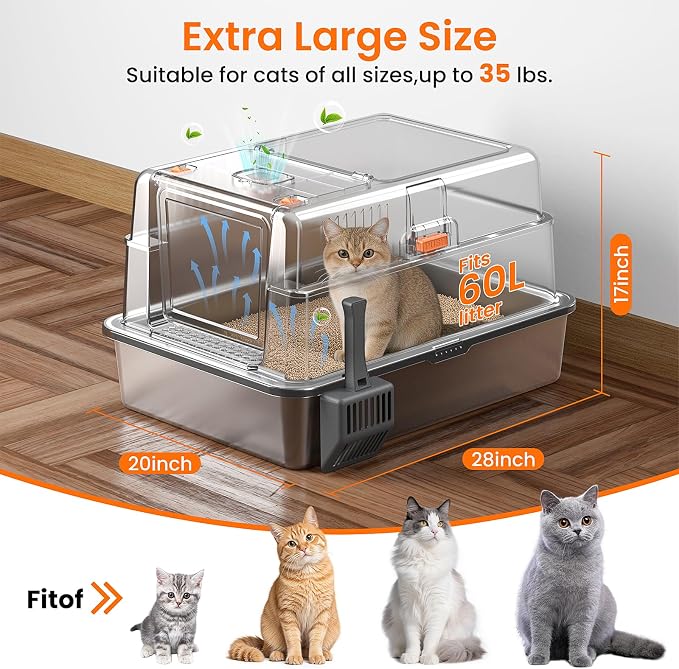 XXXXL Stainless Steel Litter Box with Lid,28.0" L × 20" W × 17" H Extra Large High Sided Cat Litter Box for Multi -Cats,Enclosed Metal Litter Box with Cat Scratcher and Scoop,Dark Gray