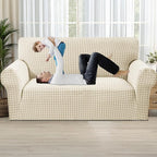 MAXIJIN Stretch Loveseat Couch Cover for 2 Cushion Couch (55"-69" Washable Sofa Slipcovers with Non-Slip Foam & Elastic Strap, Dog Cat Pet Friendly Furniture Protector (Medium, Beige)