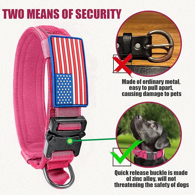 Tactical Dog Collar and Bungee Leash,Military Dog Collar & Leash Set with USA American Flag Adjustable K9 Collar with Heavy Duty Metal Buckle & Handle,with Patches and Airtags Case (Pink(1PCS), XL)