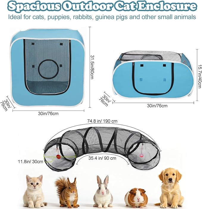 Cat Playpen, 3-in-1 Pop-up Outdoor Cat Enclosure, Blue | 2 Rooms & Tunnel, Breathable Mesh, Carry Bag, Interactive Toys, Multi-Entry Doors, Indoor & Outdoor Use for small pets