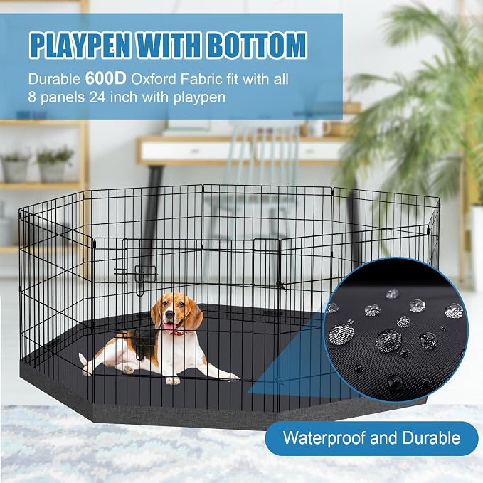 Peekaboo Dog Playpen 24" H 8-Panel with Top Cover & Bottom Pad, Black | 24 Inch 8 Panel Foldable Rustproof Metal Dog Playpen with Top Cover and Waterproof Bottom Pad