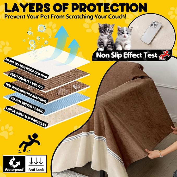 Loiion Cat Scratch Proof Furniture Protector Waterproof Sofa Cover 118"x91" | Pet-Friendly Couch Protector, Anti-Scratch & Anti-Slip Sofa Cover For Cats Dogs Kids, Machine Washable