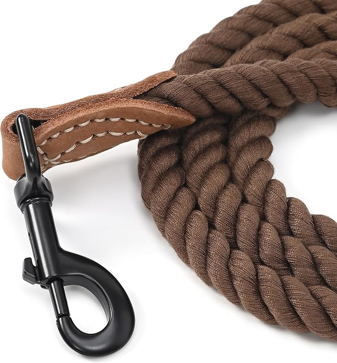 Mile High Life Dog Leash Braided Cotton Rope with Leather-Reinforced Ends | Rust-proof 360° swivel clasp, Heavy-duty for medium/large dogs. Great for weddings, daily walks (6 FT, 1/2", Dark Brown)