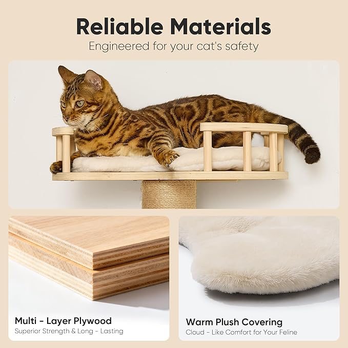 FUKUMARU Cat Wall Shelves, 4 in 1 Set, Beige | Stable Wooden Wall-Mounted Furniture Set, Climbing Tree with Hammock, Bed, Perch and Scratching Mat