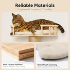 FUKUMARU Cat Wall Shelves, 4 in 1 Set, Beige | Stable Wooden Wall-Mounted Furniture Set, Climbing Tree with Hammock, Bed, Perch and Scratching Mat