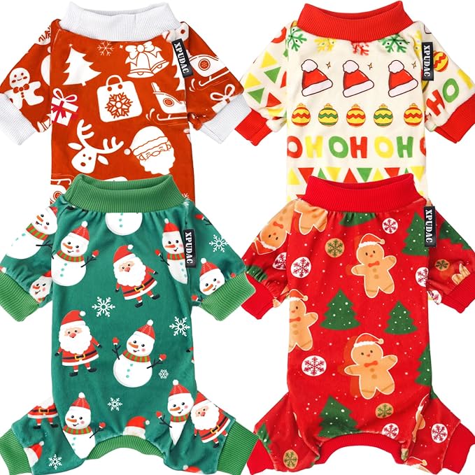 XPUDAC 4 Pieces Dog Christmas Outfit Pajamas Santa Claus Pet Clothes Cute Dog Pajamas Costumes for Dogs Girl Boy, Red Green, 4XL