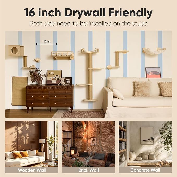FUKUMARU Cat Wall Shelves, 4 in 1 Set, Beige | Stable Wooden Wall-Mounted Furniture Set, Climbing Tree with Hammock, Bed, Perch and Scratching Mat