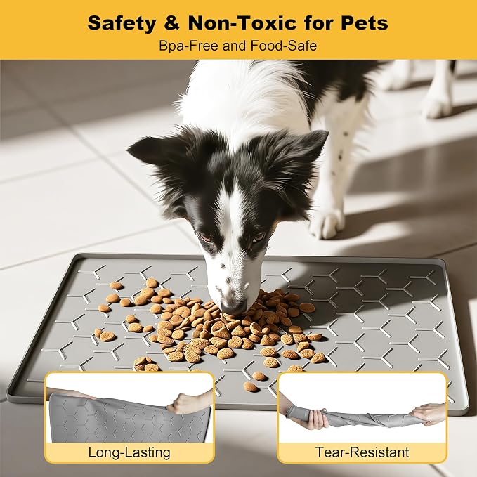 Pieviev Silicone Dog Cat Food Bowl Mat, Waterproof Raised Edge, 24'' x 16'' | Food-Grade Bpa-Free Pet Food Mat, Waterproof & Non-Slip, Raised Edges Contains Spills & Drips, Fits Pet Bowls and Fountains