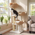 PAWZ Road Modern Cat Tree with Baskets, 44" Cat Tower for Indoor Cats,White | 3 rattan baskets (φ15.7") with thick cushions, sturdy base cat tree for large indoor cats, multi-level climbing resting space