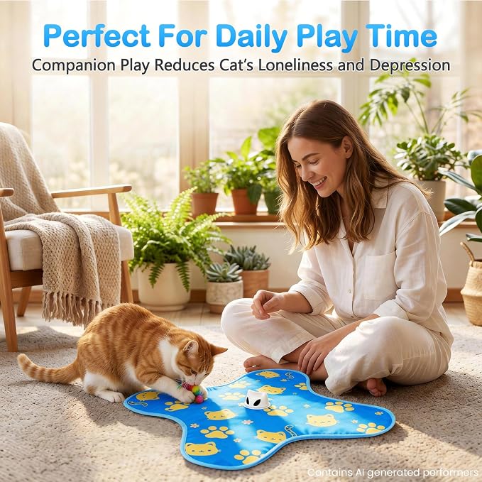 Interactive Cat Toys for Indoor Cats, Rechargeable Hide & Seek Toy | Touch Activated, 3 Speed Modes, Realistic Bird Chirps, 10-Min Auto Shutoff, Hidden Feather Wand for Bored Adult Cats, Blue