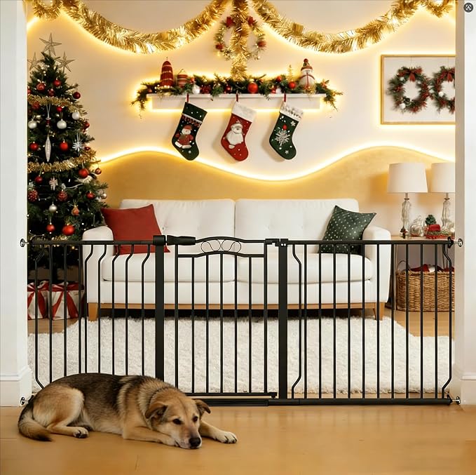 67.3"-81.1" Extra Wide Baby Gate & Dog Gate, Pressure Mounted No Drilling Pet Gate for Doorways & Large Openings, with Walk-Through, Auto-Close & Dual-Direction Swing, Black
