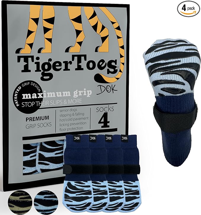 DOK TigerToes Premium Non-Slip Dog Socks for Hardwood Floors - Extra-Thick Grip that Works Even When Twisted - Prevents Licking, Slipping, and Great for Dog Paw Protection (Breezy Blue, X-Small)