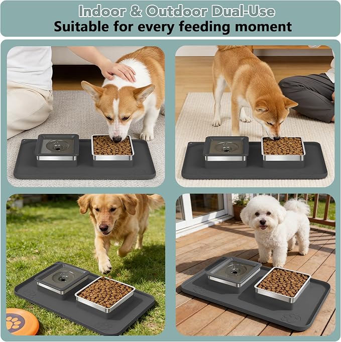 Dog Bowl Set, No Spill Dog Water and Food Bowl with Silicone Mat | Large Capacity 304 Stainless Steel Bowls, 2-In-1 Set, Slows Drinking, Anti-Slip Silicone Feeding Mat, Home/Travel, 6-7 Cups