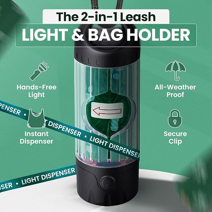 Dog Poop Bag Dispenser with LED Flashlight for Leash | USB-C Rechargeable, Waterproof, Hands-Free Waste Bag Holder, Includes 45 Bags (3 Rolls)