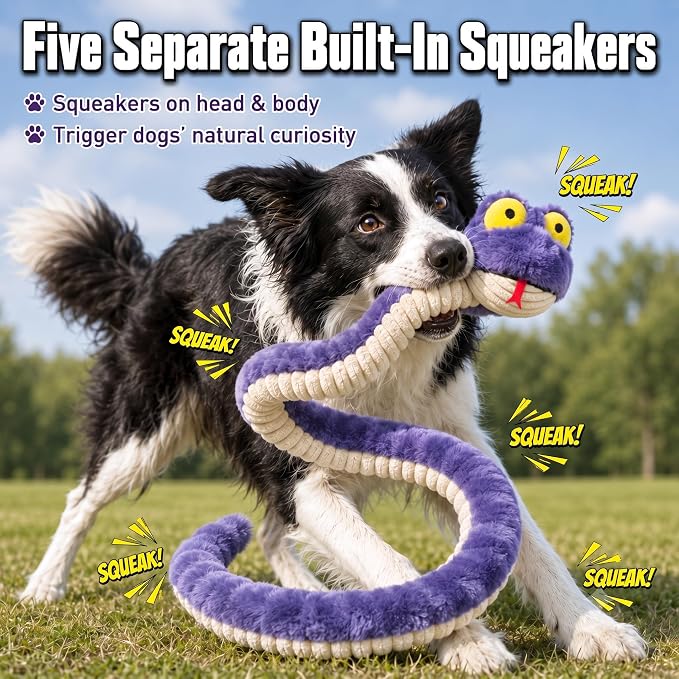 Squeaky Dog Plush Chew Toy, Interactive Tug Squeaky Toy for Chewers, Medium & Large Dogs & Fetch Play, 39.4 in Stuffed Silly Snake Toy with Elastic Stretchable Body for Gentle Gum Care&Boredom Relief
