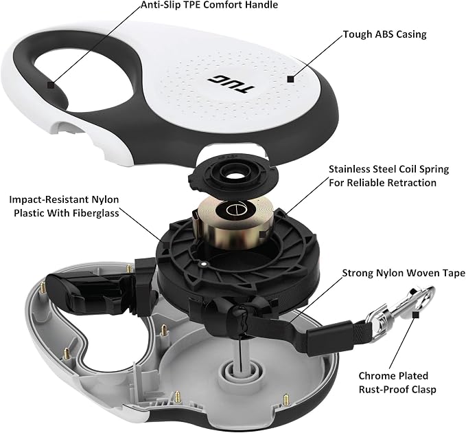 TUG Tiny 360° Tangle-Free Retractable Dog Leash with Anti-Slip Handle | 10 ft Nylon Tape| One-Handed Brake, Pause, Lock (White)