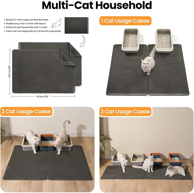 Cat Litter Mat, 35x25in 2 Pack, Large Litter-Trapping Litter Box Mats | Extra Large Waterproof Kitty Litter Catcher Mat, 2-Layer Honeycomb, BPA-Free Cat Mat, Easy Lift & Dump, Rinse or Vacuum, Gray