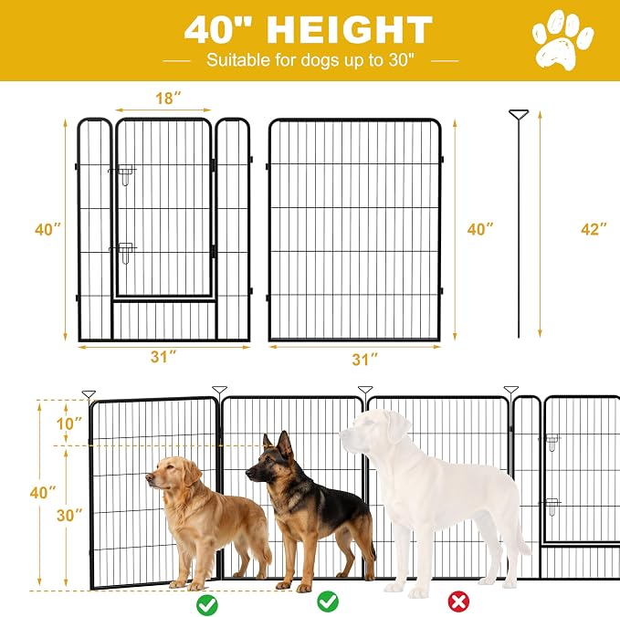 40 Inch 16 Panel Portable Metal Outdoor Dog Playpen, Black | 40-Inch 16-Panel Portable Dog Fence for RV Camping with Carry Handle and Hook-and-Loop Straps for Medium and Large Dogs.