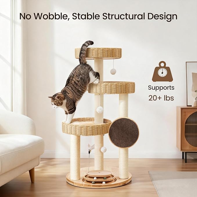 Solid Wood Cat Tree for Large Cats, 48-Inch Modern Cat Tower with Hand-Woven Baskets, Multi-Level Cat Condo with Sisal Scratching Posts, Sturdy Indoor Cat Furniture for Big Cats up to 20lbs