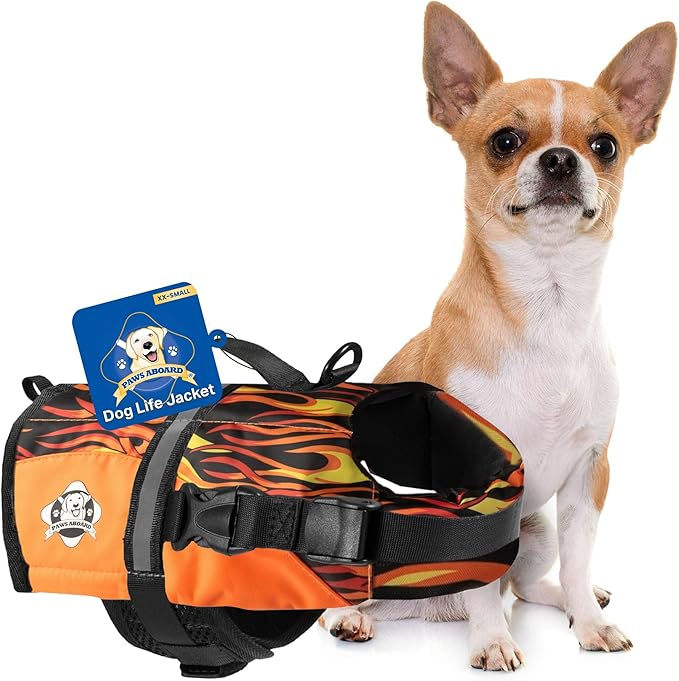 Dog Life Jacket — Premium Swim Vest with SafeChin Anti-Choke Collar | PAWS Aboard Racing Flames | RapidLift Rescue Handle, D-Ring, Reflective Trim | Boating, Kayaking, Pool | XX-Small (Under 6 lbs)