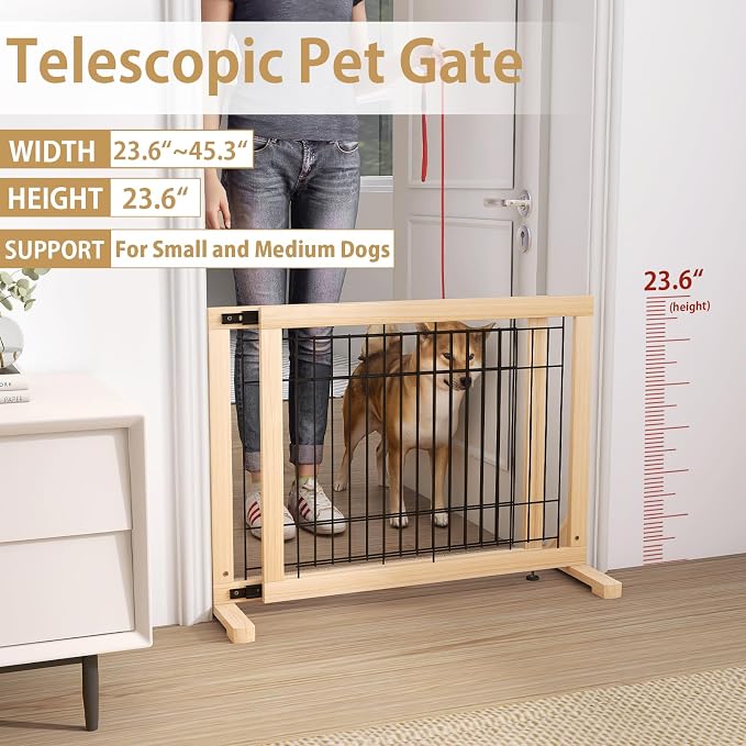YOCAN Adjustable Freestanding Dog Gate for Doors & Stairs, 23.6" Tall, 23.6–45.3" Wide, Wood & Metal Pet Gate, No Drill Pressure Mount, Indoor Safety Barrier (Black/Natural)