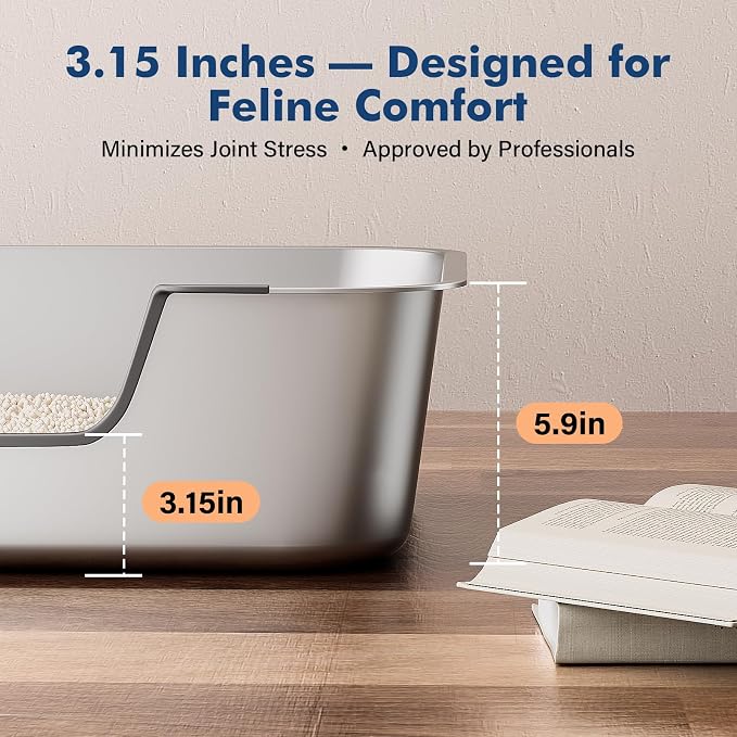 Qiuma Stainless Steel Cat Litter Box with Low Entry, Metal Kitty Litter Box for Senior or Injured Cats, Odor-Free, Non-Stick, Easy to Clean, 17.5"x13.6"x5.9", Litter Pan for Medium and Small Cats