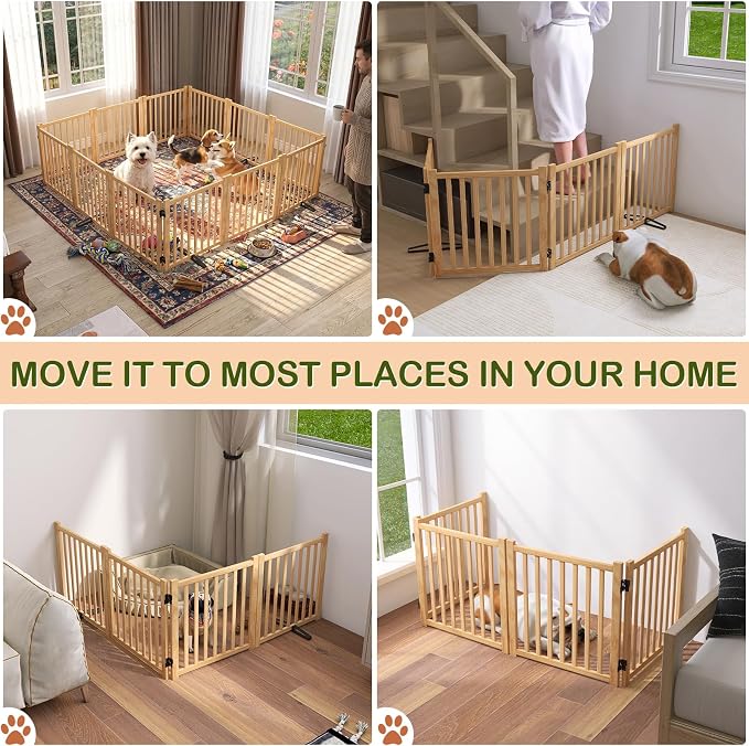 Wooden Freestanding Dog Gate Indoor - 23" H 4 Panels | No-Painted Foldable Pet Gates, Portable Folding Puppy Fence for Doorways, Stairs, Hallways