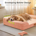 CWAWZ Extra Large Dog Bed, Orthopedic Dog Bed with Cooling Gel Memory Foam, Waterproof XL Pet Bed with Removable Washable Cover, 42" Pet Sofa Couch Dutch Velvet with Bone Toy, Peach Pink
