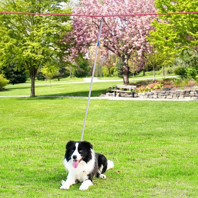 XiaZ Dog Tie Out Cable for Camping, 100ft Portable Overhead Trolley System for Dogs up to 200lbs，Dog Lead for Yard, Camping, Parks, Outdoor Events,5 min Set-up