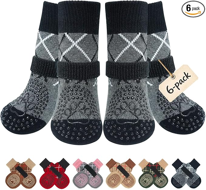 BEAUTYZOO 6PCS Dog Socks to Prevent Licking Paws, Anti Slip Dog Shoes for Hot Pavement Hardwood Floors, Traction Control Toe Grips Boots & Paw Protectors for Small Medium Large Senior Dogs, Grey S
