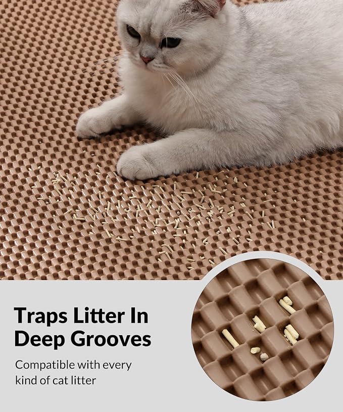 Cooyes Cat Litter Mat - Cut to Fit Any Place, 47"x35" Extra Large Litter Trapping Mat for Litter Box, Easy to Clean, Waterproof & Non-Slip Kitty Pad, Scatter Control to Protect the Floor (Khaki)
