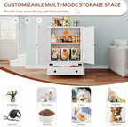 Dog Feeding Station with Storage, Metal Dog Food Storage Cabinet with 2 Elevated Bowls and 3 Hooks, Pet Feeding Station and Dogs Food Storage Organizer, White