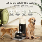 CZPET Elevated Dog Water Bowl Dispenser with Mat (9.5L+Stand+Mat,Black) | With Stainless Steel Bowl Gravity Waterer, Large Capacity and Drinking Area Noise-Free for Pets