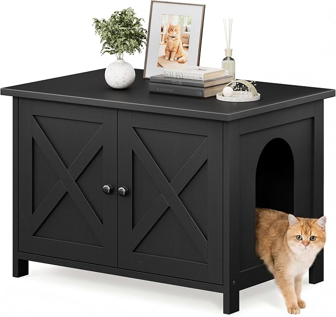 Shintenchi Cat Litter Box Enclosure, Litter Box Furniture Cabinet Hidden with Removable Divider, Wooden Cat House with End Table, Black, 31.5 inch