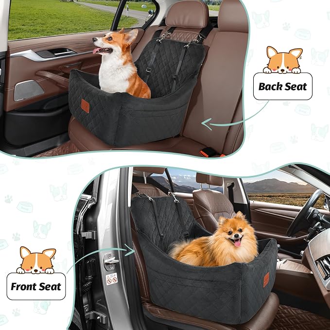Lealchum Dog Car Seat for Medium Dogs Up to 40lbs,Fully Detachable and Washable,Memory Foam Covered Soft Fabric,Easy to Install with Adjustable Straps,Anti-Slip Base,Two Side Pockets(Black,Medium)