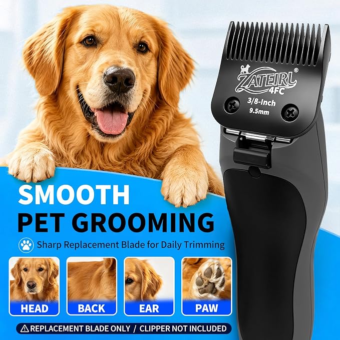 4 Pack Long Cut Pet Grooming Clipper Blades with Steel Cutters, Sizes 4FC, 3-3/4FC, 5/8HT & 3/4HT, Black, Compatible with Andis, Oster A5, Wahl KM10 A5 Style Dog Clippers