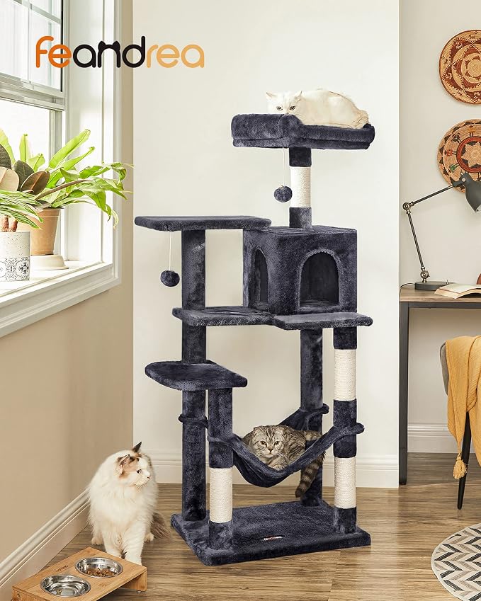 Feandrea Cat Tree, 54.2-Inch Cat Tower, Plush Multi-Level Condo with 4 Scratching Posts, 2 Perches, Hammock, Cave, Smoky Gray UPCT161G01