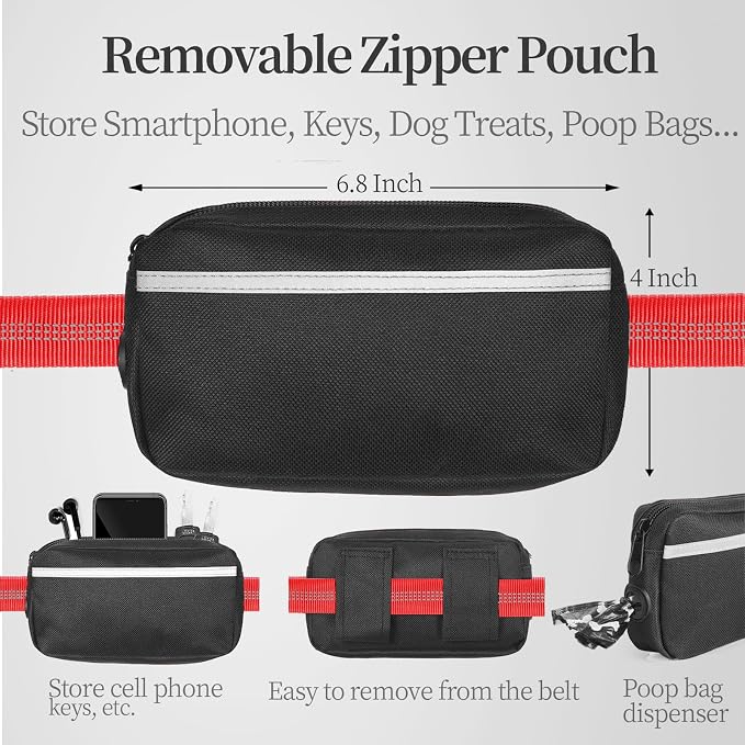 iYoShop Hands Free Dog Leash with Zipper Pouch, Dual Padded Handles and Durable Bungee for Walking, Jogging and Running Your Dog (Large, 25-120 lbs, Red)