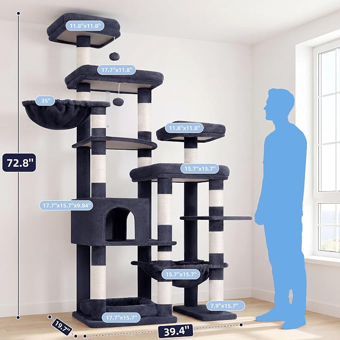 Hey-brother Cat Tree Tower, Wide Base, 5 Platforms for Multi-Cats, MPJ074G | 72.8 Inches Tall Furniture, 5 Plush Beds, Large Condo, Big Hammocks, Sisal Scratching Posts, for Indoor Adult Cat, Smoky Gray