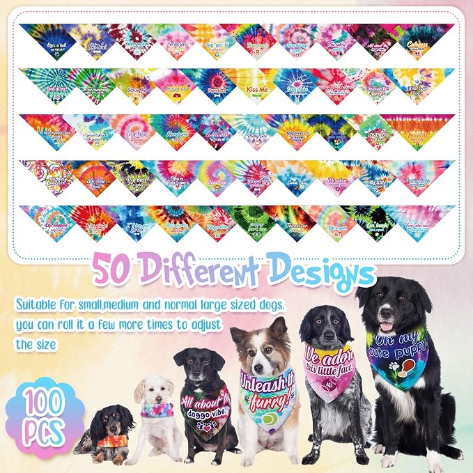 Sweetude 100 Pcs Tie Dye Dog Bandanas Bulk with Sayings Pet Triangle Scarf Bibs Washable Puppy Kerchief Adjustable Grooming Supplies for Small Medium Large Dog Cat Costume Accessories