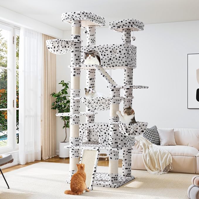 Allewie 81 Inches Tall Cat Tree/Multi-Level Large Climbing Tree House and Towers for Big Feline/Condo and Hammock/Scratching Post/Wide Base/White & Black Spot