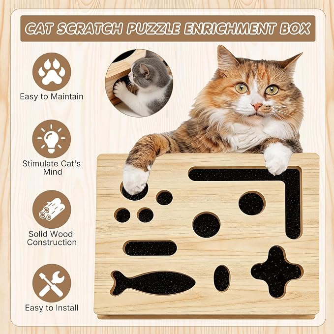 Cat Scratch Puzzle Enrichment Box for Indoor, with 3 Balls & 1 Wand | Integrated Cat Nail File Scratcher with Sandpaper Liner - Stress Free Alternative to Clippers & Grinders for Indoor Cats (L)