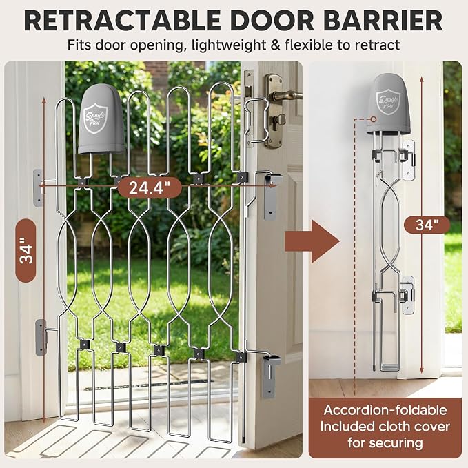 Snagle Paw Extra Tall Metal Retractable Door Barrier, 24.4" Wide 35" Tall Safety Dog Gate for Front Door,Easy Install Retractable Pet Gate for Recreational Vehicle,Doorways