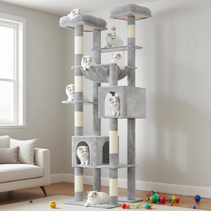 Hey-brother Cat Tree Tower with Multi-Level Duty Scratching Posts, 0MPJ039W | 80.7 Inches XL Cat Furniture with Large Platforms, Cozy Condos, Big Hammock, Toy Balls for Indoor Adult Cats, Light Gray