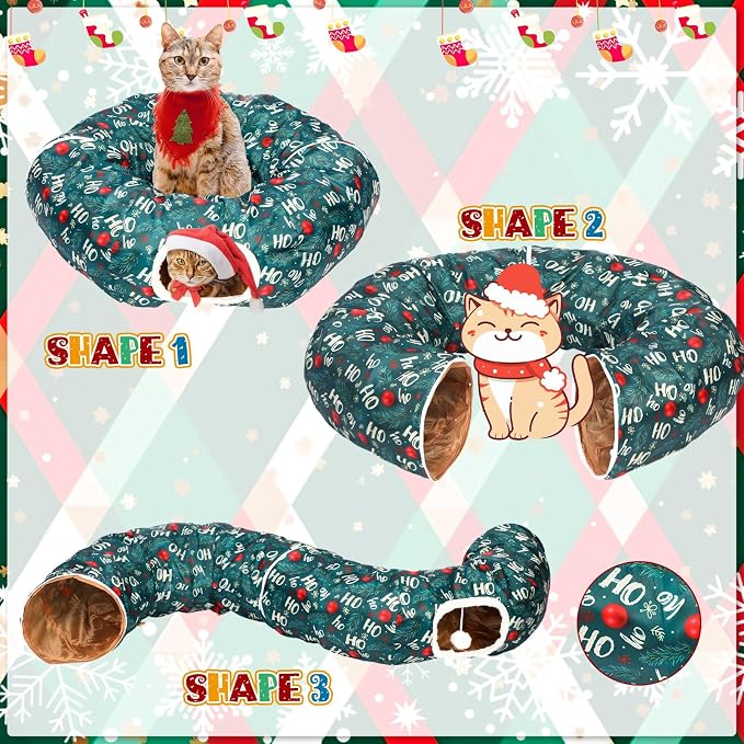 Christmas Cat Tunnel Bed for Indoor Cats Under Christmas Tree Skirt Tube with Hanging Ball Plush Cat Cave, Washable Holiday Pet Gift Toy & Gift for Kittens(Pine Branch)