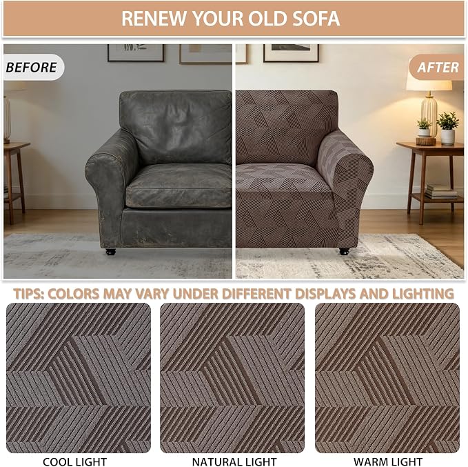 ZNSAYOTX Stretch Couch Covers for 2 Cushion Couch, 1-Piece Loveseat Covers Sofa Slipcover, Furniture Protector with Elastic Bottom for Dogs Geometrical Jacquard Fabric (Medium, Brown)