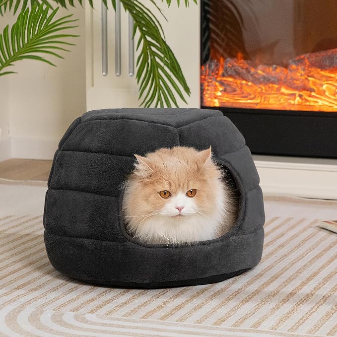 Hollypet Cat Bed Cave for Indoor Cats for Pets up to 15 lbs, Gray | Warm Cat Bed Cats Igloo Cave Condo, Covered Kitty House with Removable Washable Cushion, Cozy Enclosed Pet Bed for Small Dogs