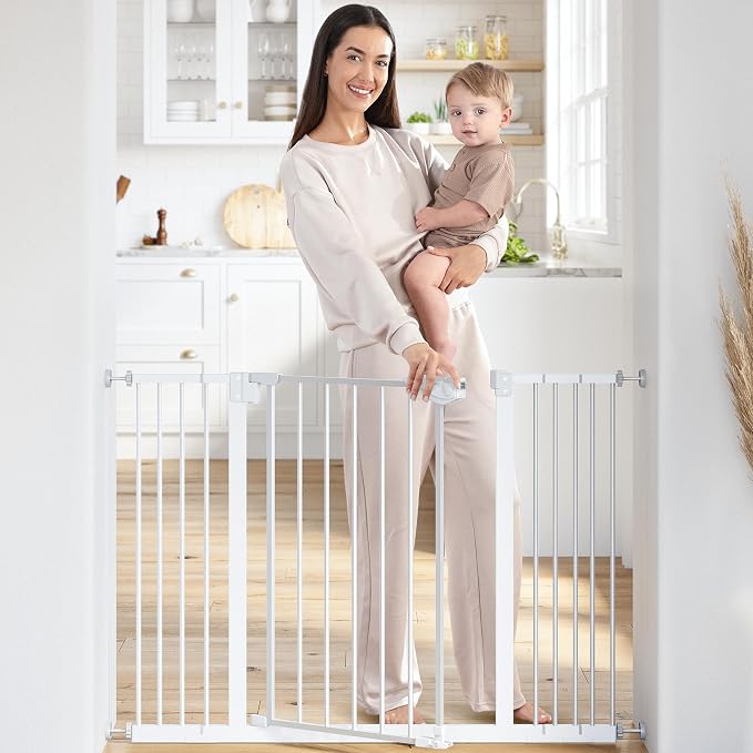 Comfy Cubs Baby Safety Gate with 3 Extensions - Adjustable 42" x 1.9" x 30" Q195 Steel Doorway Barrier - Powder-Coated Finish for Stairs and Doorways - Walk-Through Design Pet Gate - White